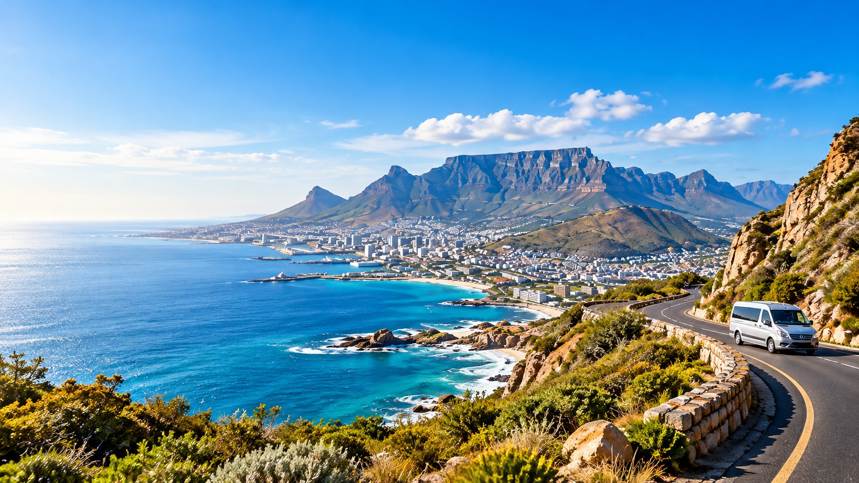 Cape Town, Table Mountain, blue ocean and a scenic coastal road