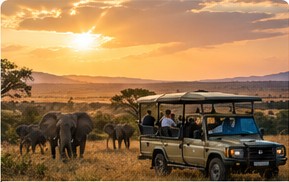 Safari vehicle and wildlife at sunset