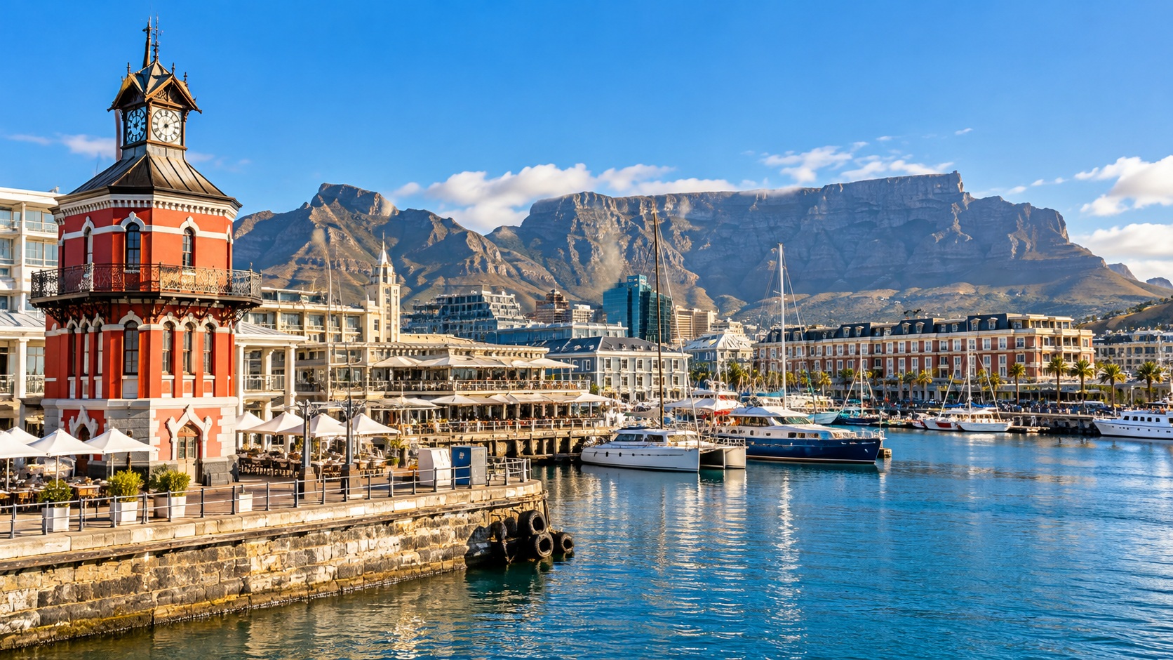 V&A Waterfront harbour, historic Clock Tower, boats and Table Mountain
